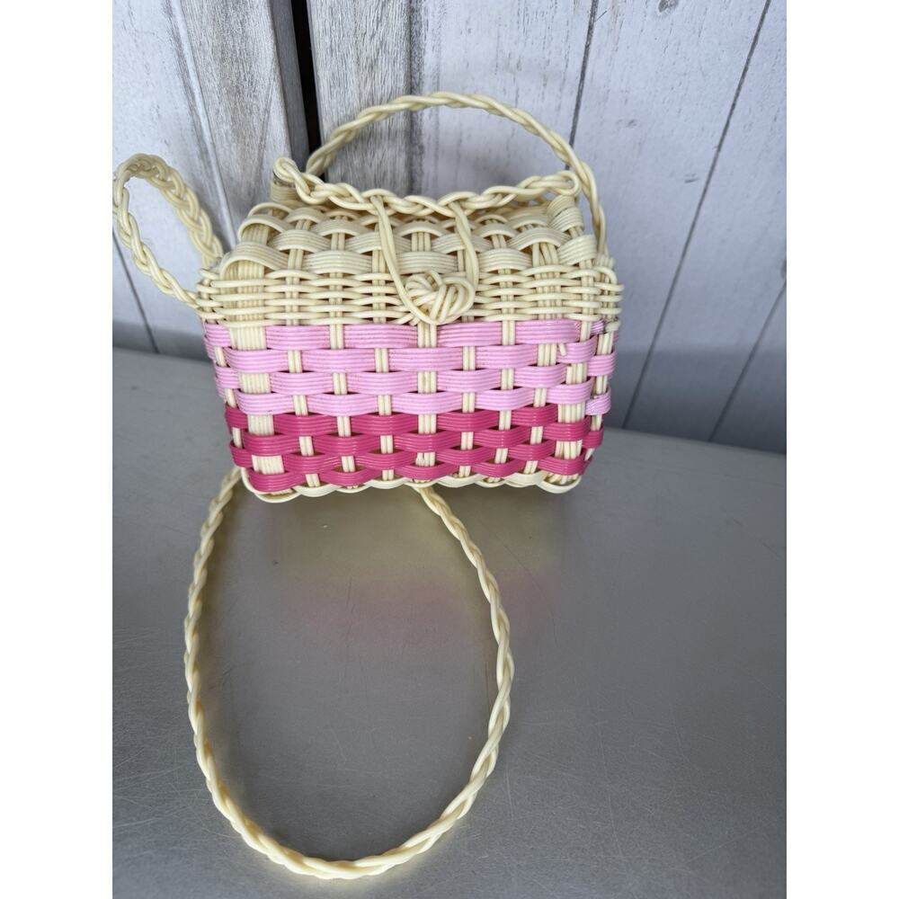 Plastic Woven Tote Bag Pink Stripe Button Closure Cube Mini Bag Shoulder
